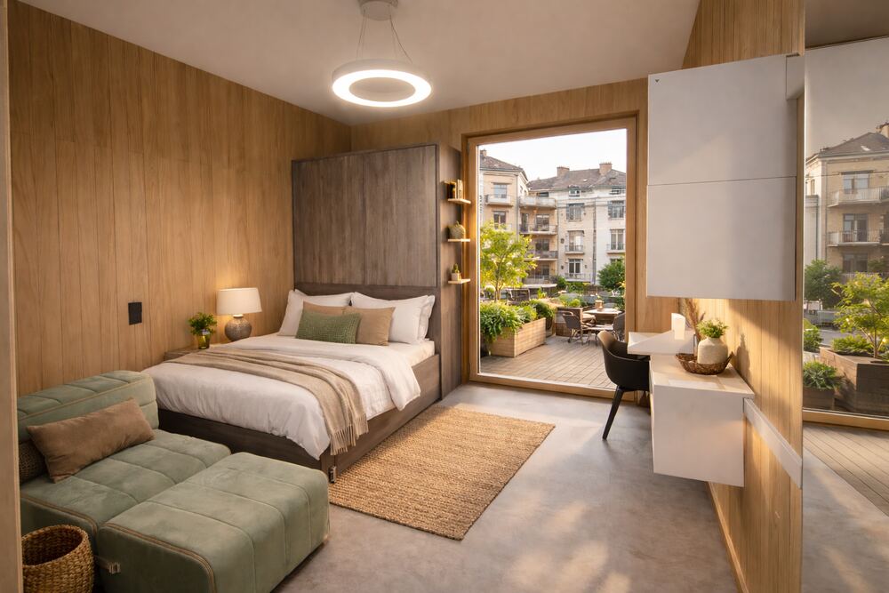 Schlafbereich mit Zugang zur begrünten Dachterrasse