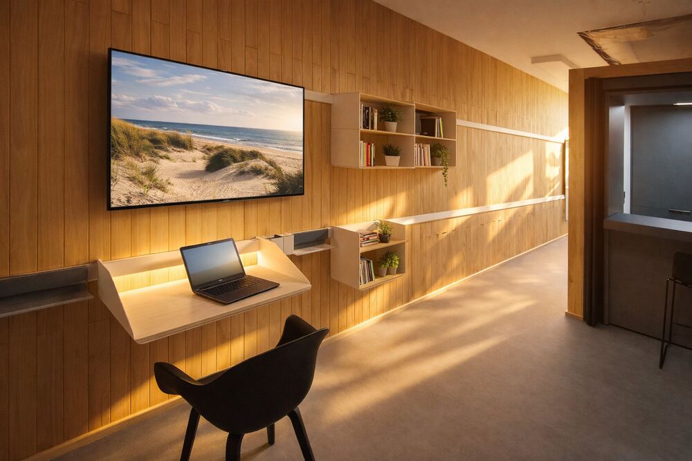 Wohnraum mit Homeoffice-Platz und Holzwänden am Abend