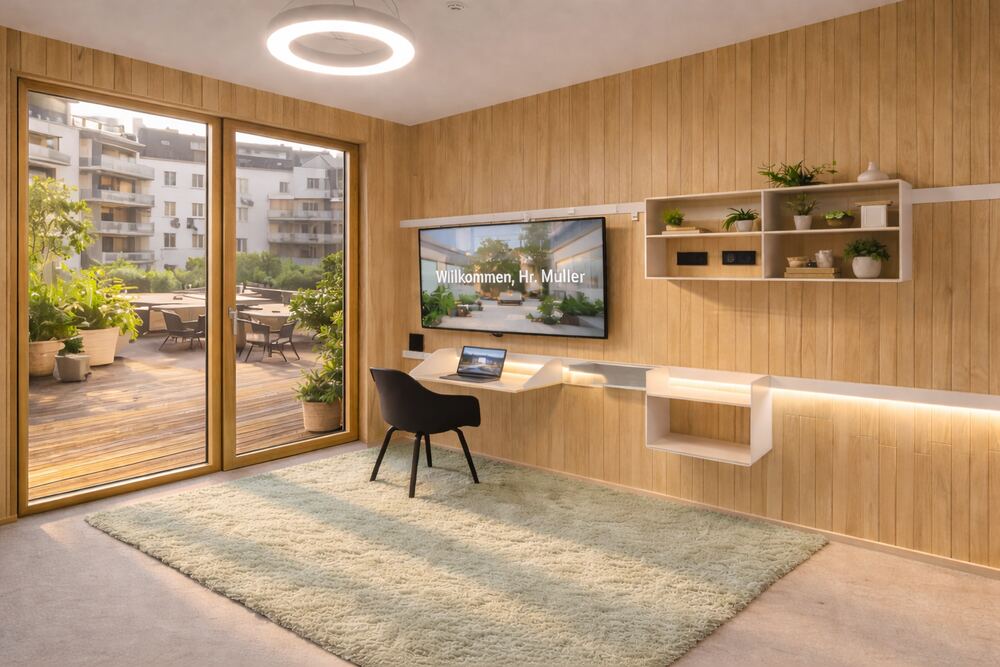 Arbeitsplatz mit Blick auf die begrünte Dachterrasse