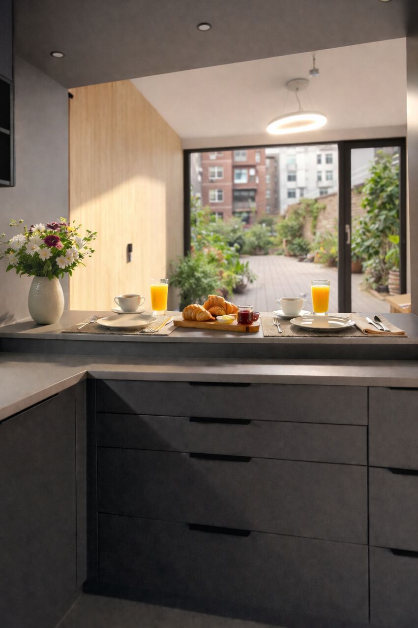 Küche mit Frühstück und Blick in den grünen Hof