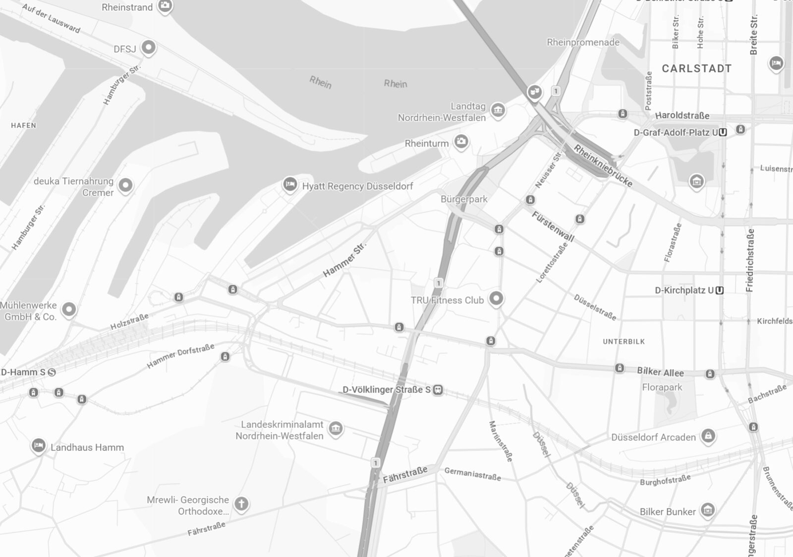 Kartenausschnitt Düsseldorf-Unterbilk: Rhein und Medienhafen, S-Bahnhof Völklinger Straße, Bilker Allee und Düsseldorf Arcaden