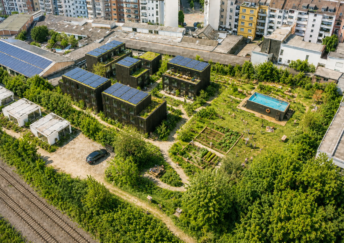 Luftbild-Visualisierung des CoMod-Quartiers an der Völklinger Straße mit begrünten Dächern und PV